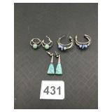 SILVER 925 EARRINGS DOUBLE HOOP WITH GREEN STONES