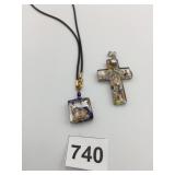 GLASS CROSS PENDANT BLUE GLASS METALLIC FLAKES