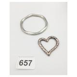SILVER TONE BANGLE BRACELET OPEN HEART PENDANT