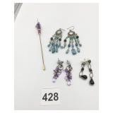 STICK PIN 6" LONG WITH PURPLE AND CLEAR GLASS TOP