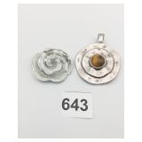 ROUND PEWTER PENDANT TIGER EYE CENTER SILVER TONE