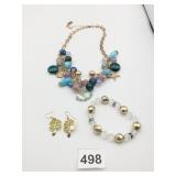 JULES B NECKLACE GOLD TONE BLUE BEADS ANCHOR