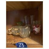 CREAM AND SUGAR WITH NICE HANDLES, VASES, ROOSTER