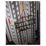 WOODEN SHELF WITH TRINKETS , ITEMS HANGING ON