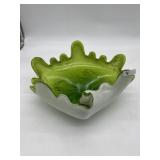 MCM ART GLASS THICK GREEN PINCHED EDGE BOWL