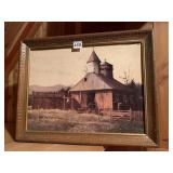 BARN PRINT IN FRAME, SOME DAMAGE, SIGNED FRANK M