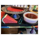 WOODEN NAPKIN HOLDER, GLASS CAKE DISH SMALL,