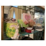 ITEMS ON SHELF, BUNNY JAR, PARTIAL CHECKERBOARD