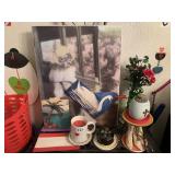 ITEMS ON SHELVING UNIT, FIGURINES, MUGS AND MORE