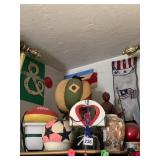 ITEMS ON WALL AND ON TOP OF CURIO, ASIAN VASE AND