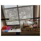 BUNGEES, ITEMS ON WINDOWSILL INCLUDING SHIP IN A