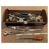 OLD WOODEN TOOLBOX WITH LOTS OF ASSORTED HAND