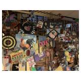 ITEMS ON BASEMENT WALL AND ACRYLIC SHELVING UNIT,