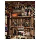 SHELVING UNIT AND CONTENTS, ITEMS HANGING ON