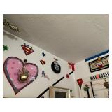 ITEMS ON WALL IN LIVING ROOM, COLLAGE ART AND