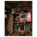 SHELVES AND CONTENTS, ITEMS ON WALL ABOVE IT AND