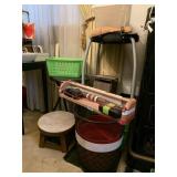LARGE BASKET AND CONTAINERS, SMALL WOODEN STOOL,