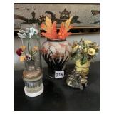 CRACKLE VASE, VINTAGE BRASS/ENAMEL FLOWERS, BRASS