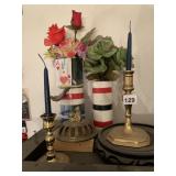 BALDWIN BRASS CANDLE HOLDERS, PLASTIC CONTAINER