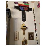 ITEMS ON DINGING ROOM WALL BY HUTCH, BIRD ON