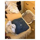 LAUNDRY BASKET, BLANKETS, TWIN SHEETS