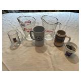 2 GLASS BEER PITCHERS, BEER CAPS, MILLER STEIN,