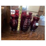 3 RUBY GLASS VASES