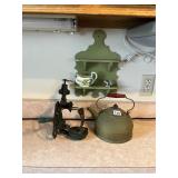 APPLE PEELER, GREEN WALL SHELF, TEA KETTLE