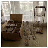 3 TIER DISH W/ STAND AND BOX OF STEMMED GLASSES