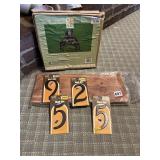 NAIL ON NUMBERS, WOOD TRAY, CAST IRON HOSE HANGER