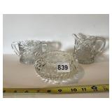 CUT GLASS SUGAR AND CREAMER SET AND COVERED CANDY