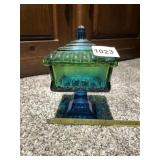 BLUE AND GREEN GLASS FOOTED CANDY DISH WITH LID