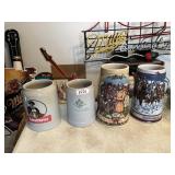FOUR BEER STEINS INCLUDING MILLER, BUDWEISER,