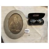 GOLD FILLED ANTIQUE GLASSES WITH CASE AND PHOTO