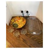 PYREX BAKING DISH, CANDLE HOLDERS, MELAMINE BOWL