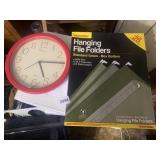 HANGING FILE FOLDERS AND BATTERY-OPERATED CLOCK