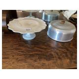 MILK GLASS PEDESTAL CAKE PLATE WITH ALUMINUM CAKE