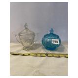 2 GLASS COVERED SUGAR BOWLS, ONE BLUE GLASS, ONE