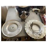 SILVER PLATE TEAPOT, ALUMINUM TRAYS AND PLANT