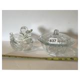 COVERED GLASS CANDY DISHES, DUCK DISH HAS REPAIR