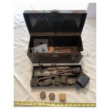 METAL TOOLBOX WITH ASSORTED VINTAGE ELECTRICAL