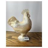 9" CARMEL SLAG GLASS LIDDED ROOSTER CANDY DISH