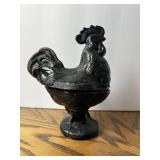 9" BLACK GLASS LIDDED ROOSTER CANDY DISH