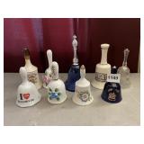 ASSORTED HAND BELLS, CEDAR POINTM AVON BOTTLE,