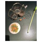 3 NUT BOWLS IN HOLDER, TRIVET, WHISK