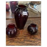 3 RUBY GLASS VASES
