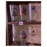 6 BEER GLASSES, RED BELL, SCHLITZ. ETC.