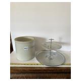 STONEWARE CROCK AND HAMMERED ALUMINUM 2 TIER