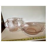 PINK DEPRESSION GLASS HANDLED BOWL, CHIP ON RIM,