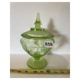 URANIUM GLASS FOOTED CANDY DISH WITH LID, GLOWS,